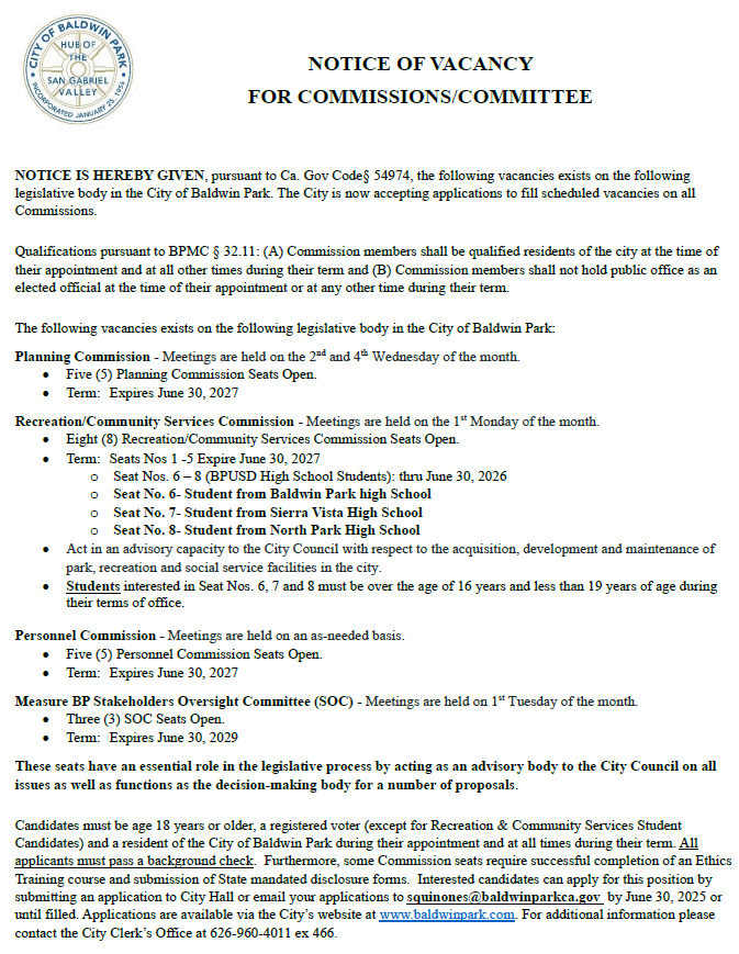 NOTICE OF VACANCY FOR ALL COMMISSIONS - 2025